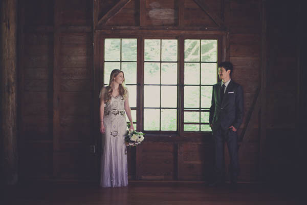 romantic camp wedding couple's portrait, photo by Terra Lange Photography | via junebugweddings.com couple's portrait in a camp cabin