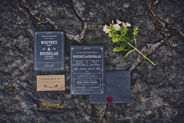 romantic camp wedding invitation ideas, photo by Terra Lange Photography | via junebugweddings.com black and white typography wedding invitation ideas
