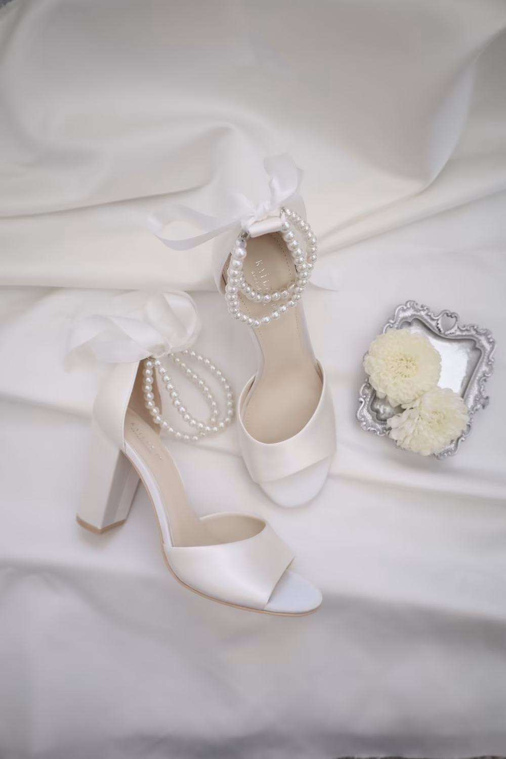 Satin Block Heel Wedding Shoes for Bride with Double Pearls Strap