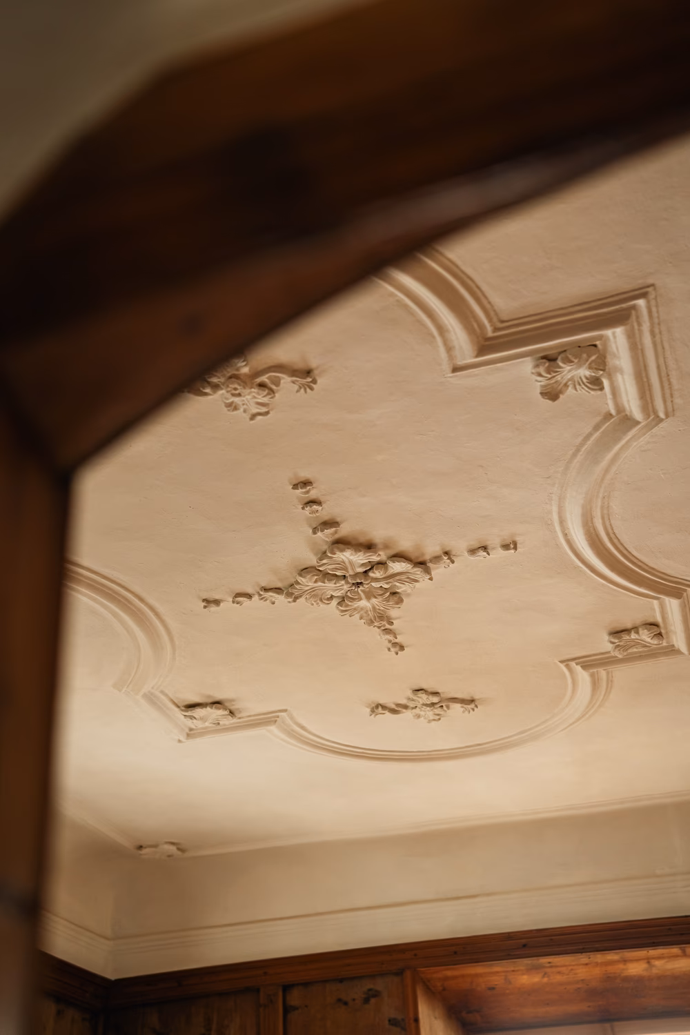 Ornate white stucco ceiling with floral plasterwork at Castel Badia, seen through a wooden archway above wood-paneled walls
