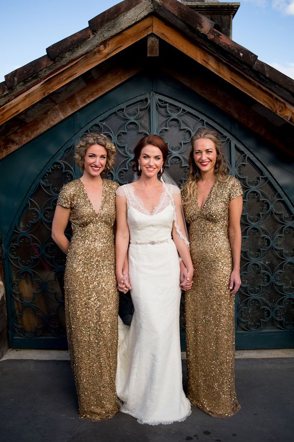 gold sequin Nicole Miller bridesmaids gowns, photo by davina + daniel | via junebugweddings.com gold sequin Nicole Miller bridesmaids gowns, photo by davina + daniel | via junebugweddings.com