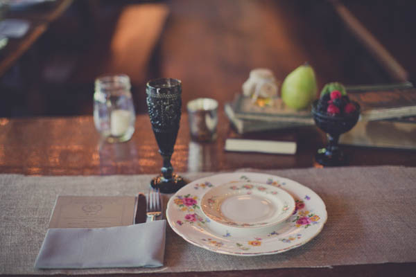 romantic camp wedding reception decor, photo by Terra Lange Photography | via junebugweddings.com wedding table reception decor with burlap runner