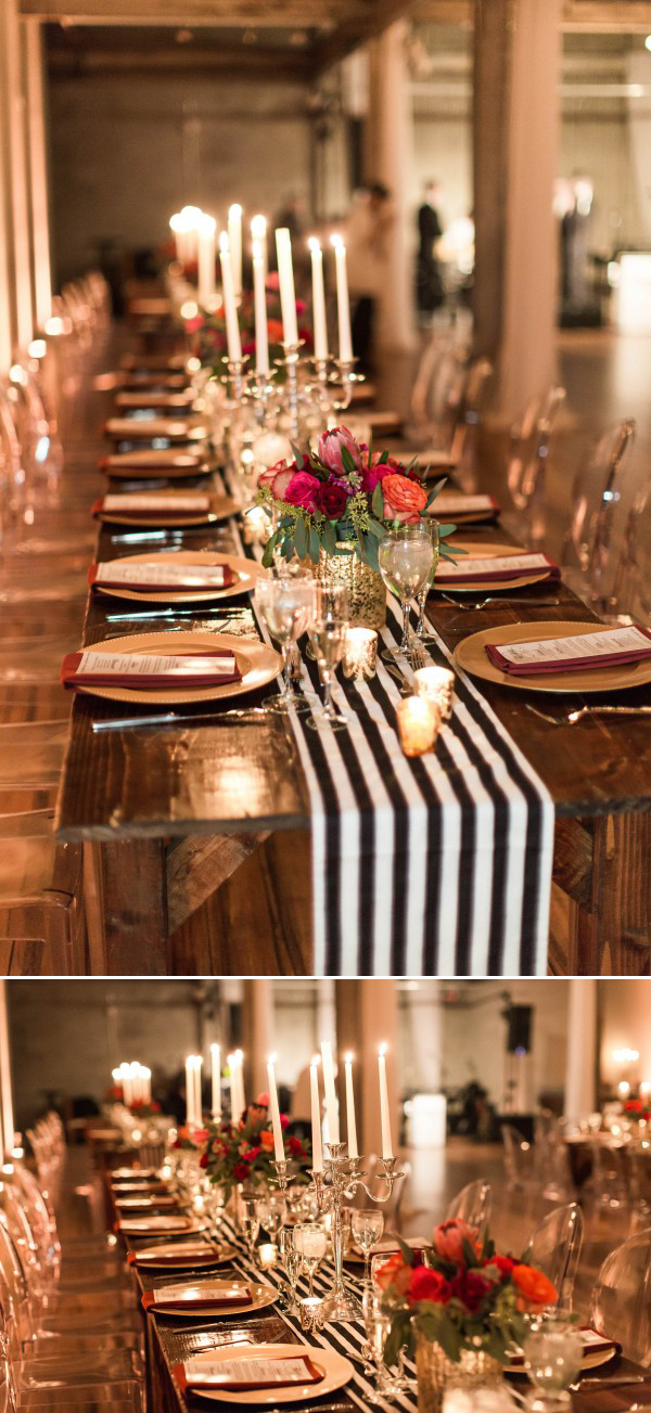 black and white striped statement runner farm table