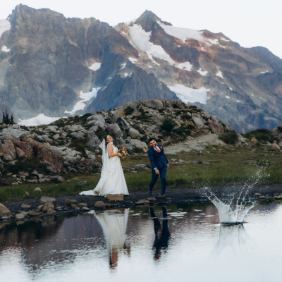 Playful mountain elopement photo in Mount Baker, Washington