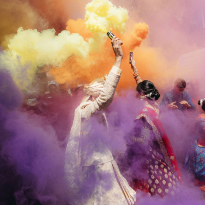 Indian wedding photo with smoke bombs
