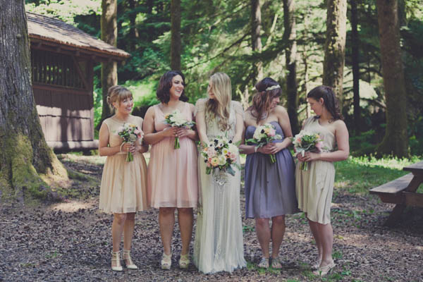 mismatched bridal party fashion, photo by Terra Lange Photography | via junebugweddings.com mismatched short bridesmaids dresses