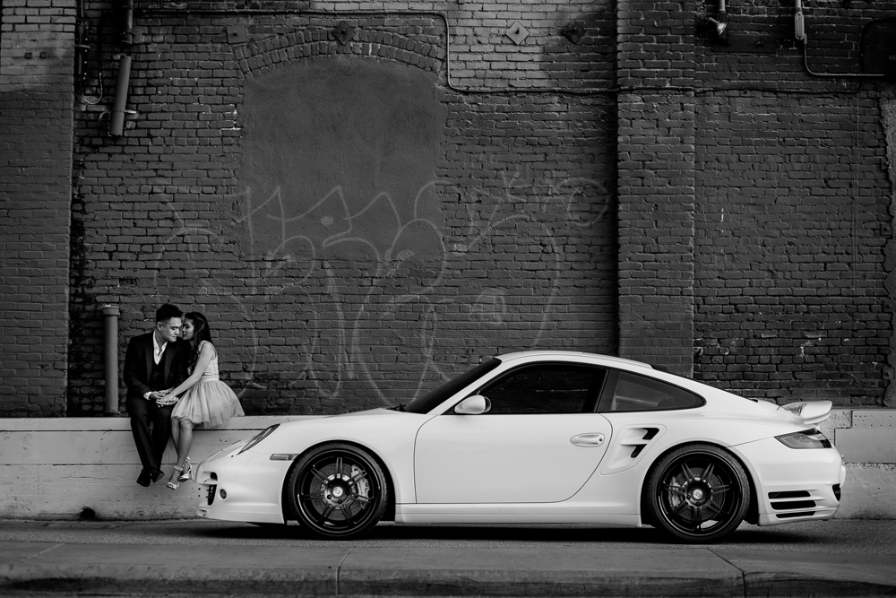 cool car engagement photo