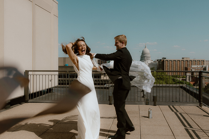 windy wedding portrait