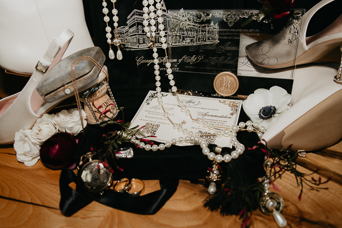 old hollywood wedding flat lay