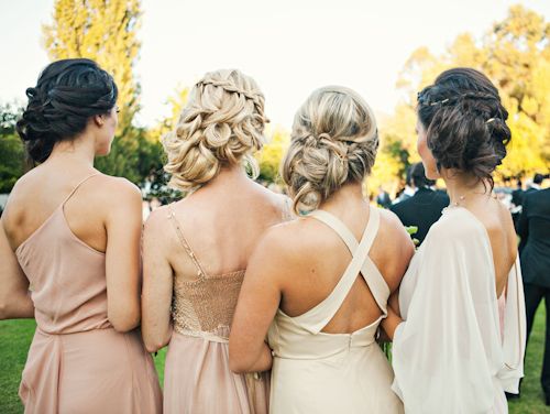 champagne mismatched bridesmaids dresses with back details, photo by Joy Marie Studios | via junebugweddings.com champagne and ivory mismatched bridesmaids dresses with different back details