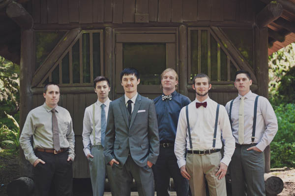 mismatched bridal party fashion, photo by Terra Lange Photography | via junebugweddings.com mismatched groomsmen fashion with suspenders